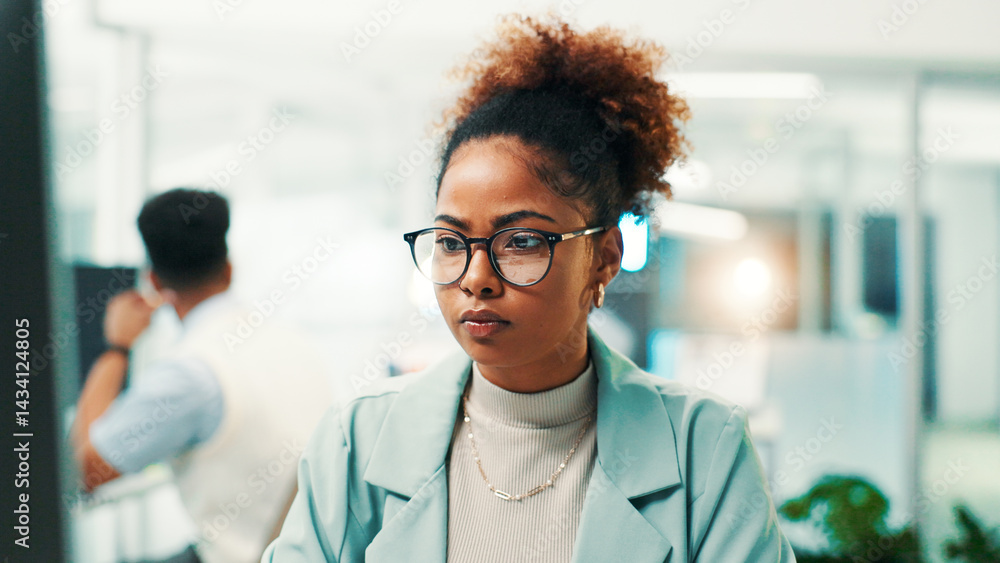 Poster Programmer, research or woman with glasses in office for writing code, app development and debugging. Computer, programming and employee with technology for software testing, system or online update