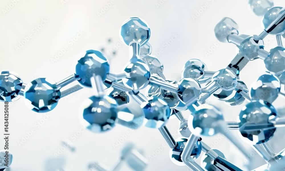 Poster intricate blue molecular structure shifts and twists in dynamic scientific visualization