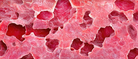 Close-up of a red and pink porous material with irregular holes and intricate, organic textures