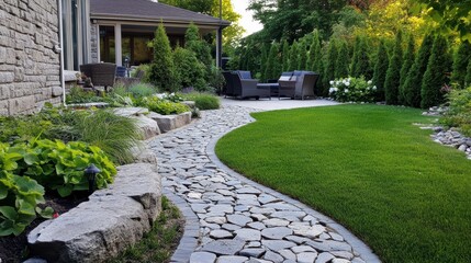 Obraz premium Serpentine stone path meanders through lush backyard garden, leading to patio furniture near house.