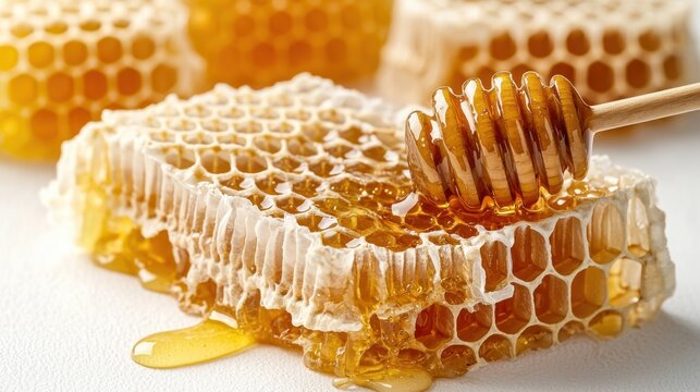 Close-up of fresh honeycomb with golden honey dripping off, detailed texture highlighting hexagonal beeswax cells and natural sweet nectar for food or nature themes