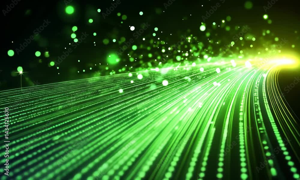 Poster dynamic green digital light trail with glowing bokeh and wireless technology vibes