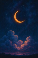Fototapeta premium Glowing orange crescent moon with illuminated purple clouds