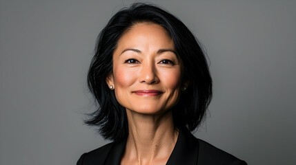 Fototapeta premium Portrait of a Confident Mature Asian Woman with Black Hair and Serious Expression Against a Grey Background