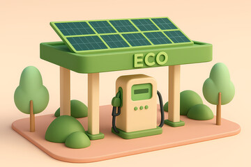 3D Eco Gas Station with Solar Roof and Grass Mounds on Pink Base
