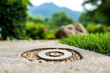 Obraz premium A close-up view of a textured stone feature set in a pathway, surrounded by lush greenery and distant mountains, creating a serene outdoor atmosphere.