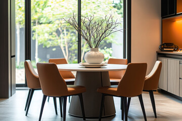 Fototapeta premium A modern dining room with a round table and earthy tones offering comfort and elegance in a bright, welcoming space