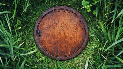 Rusty round metal cover in green grass.