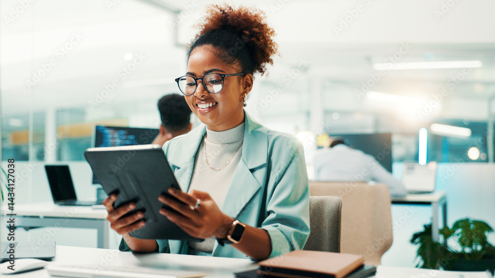 Poster Tablet, research and businesswoman in office with web development, coding or design tools. Digital technology, reading and female programmer checking UX platform with feedback report in workplace.