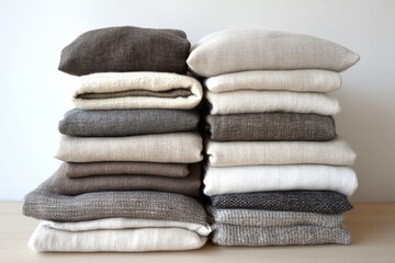 Stacked textiles in various neutral tones and textures.