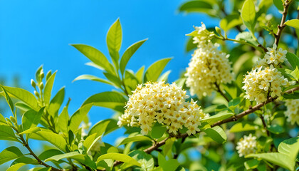 Blooming Fragrant Flowers in Bright Blue Sky.
