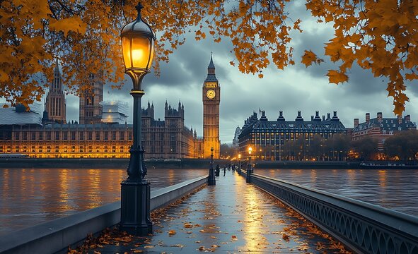 Autumn in london with big ben and houses of parliament along the thames river