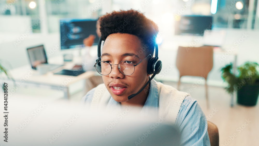 Poster headset, man and call center consultant in office for communication, contact us or networking. techn