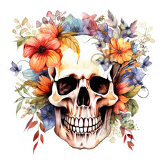 Watercolor Skeleton's Head Among Flowers, clipart Illustration, Generative Ai