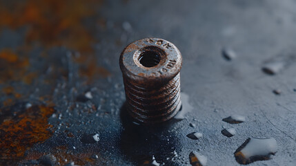 Rusty screw in water industrial setting close-up shot macro photography textured background focus on details