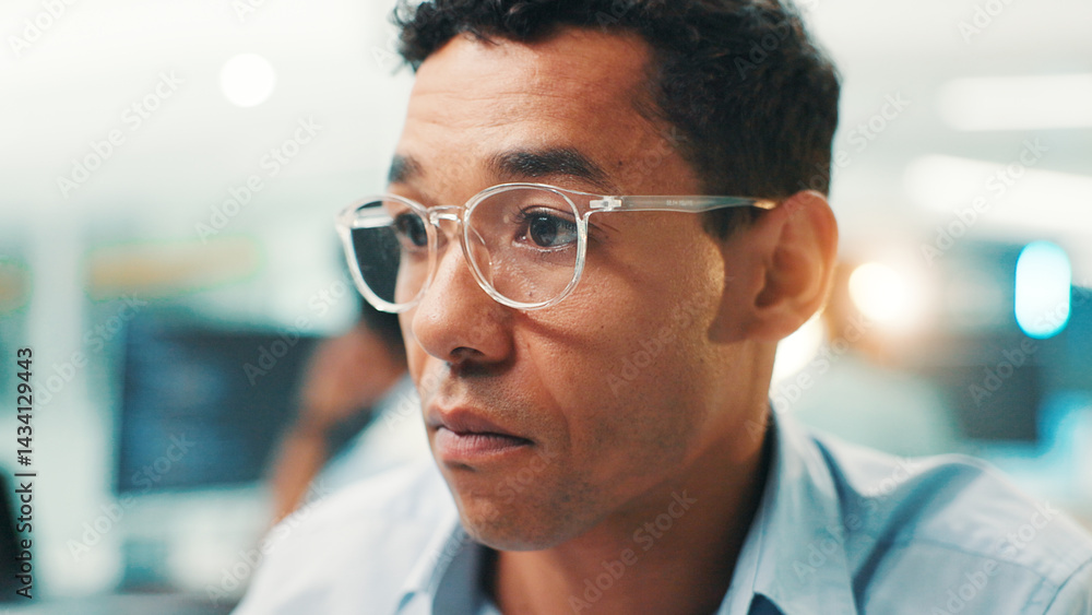 Poster Programmer, research or man with glasses for reading code, app development and debugging computer. Face, programming and employee with PC technology for software testing, system and online update