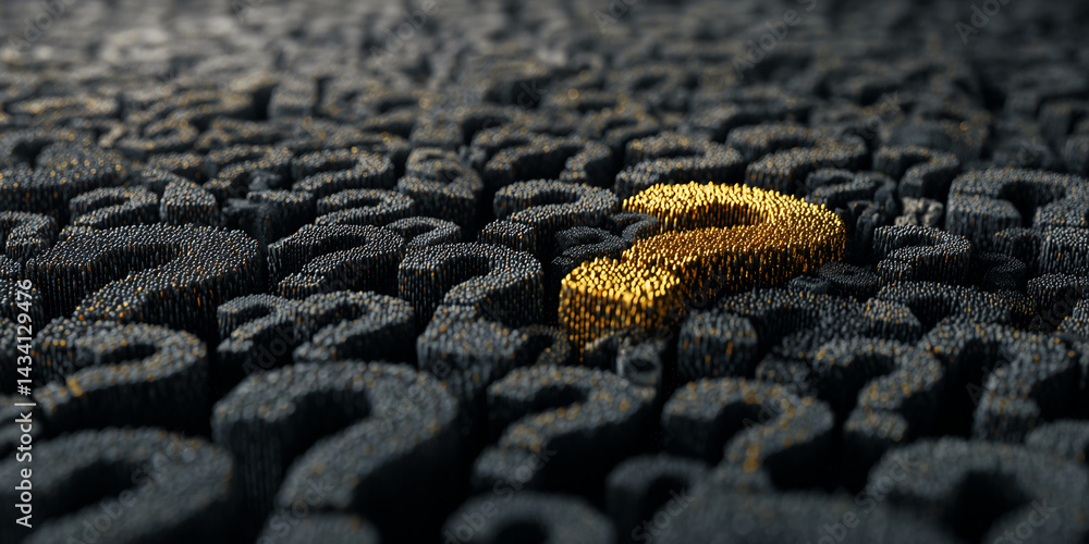 Fototapete Gold question mark stands out among many dark gray question marks, creating a textured, 3D effect symbolizing unique solution or standing out from the crowd