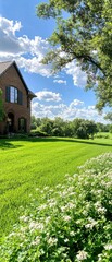 A charming brick house surrounded by lush green grass and a blooming white flower border, set against a bright blue sky with fluffy clouds.