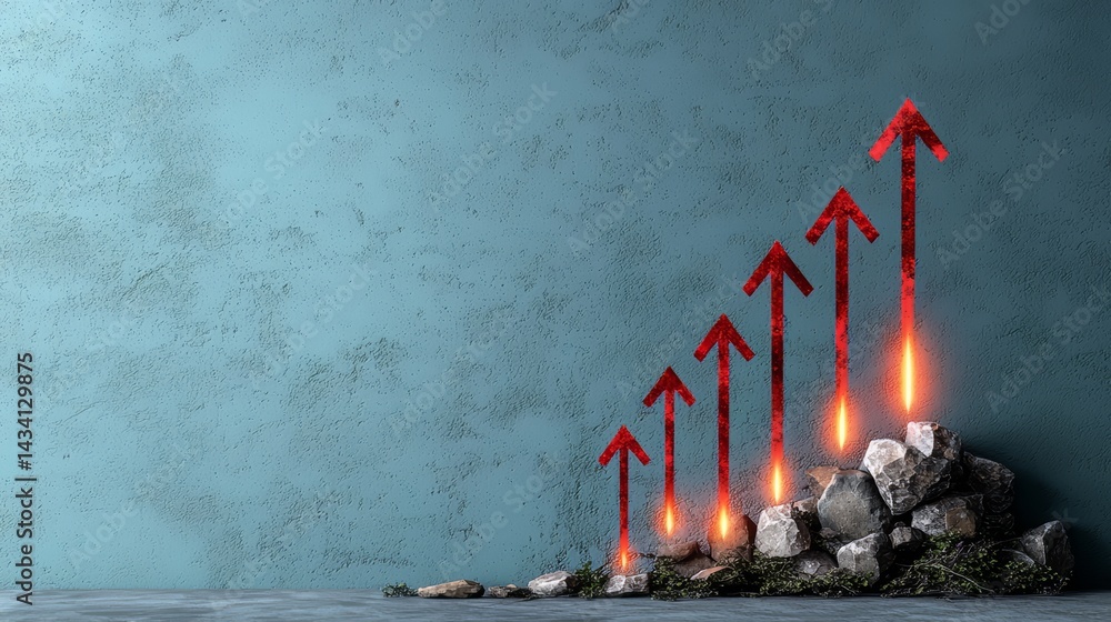 Aufkleber wall with a blue background and a row of red arrows pointing upwards. the arrows are lit up, giving 