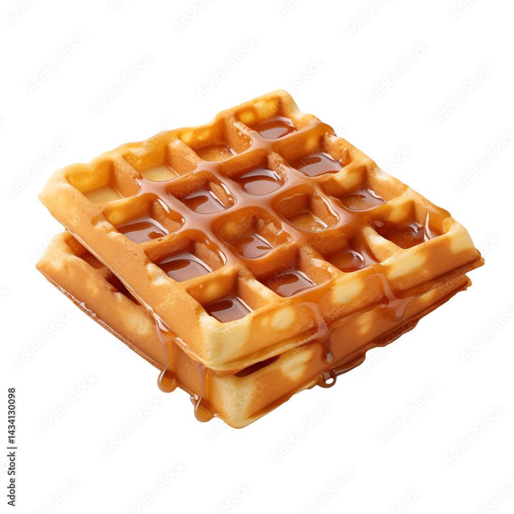 Poster a stack of two waffles drizzled with syrup on a transparent background in a square format close up v