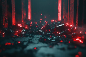 Lava-strewn, dark, futuristic, metallic chamber