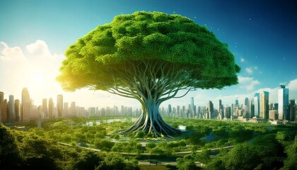 未来都市にそびえる巨木、自然と都市の融合、緑に包まれた近未来の街、巨大な樹と高層ビル群、明るい空と生い茂る森、自然回帰を象徴する風景、都会の中の楽園、希望を象徴する樹木、空に向かう生命のシンボル
