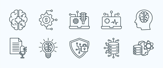 Artificial intelligence thin icon set containing medical image ,banking processing system,traffic monitoring,health monitoring,artificial life