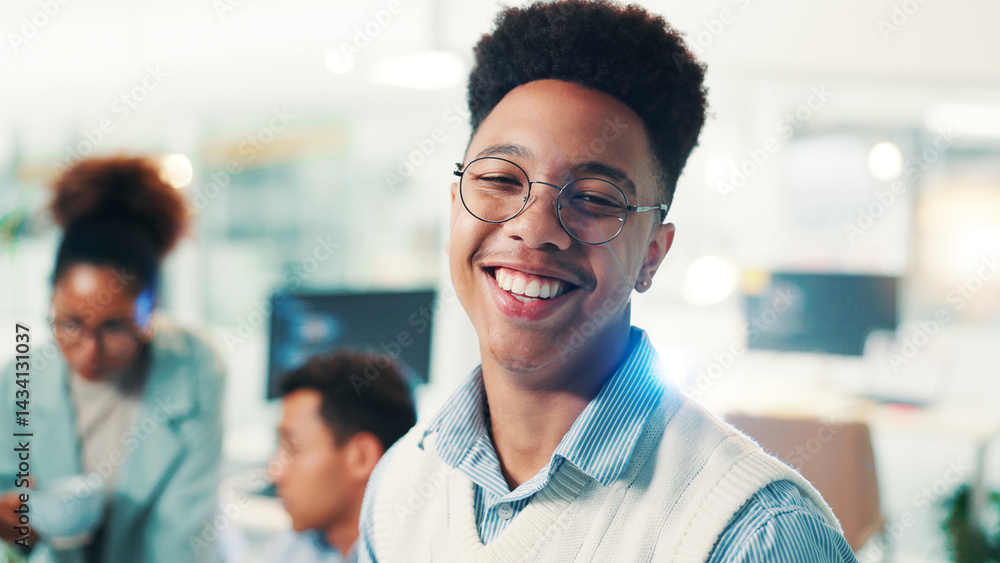 Poster Portrait, smile and developer with business man in office cyber security, network domain and code analyst. Server encryption, tech startup and software review with person in IT firm for VPN system