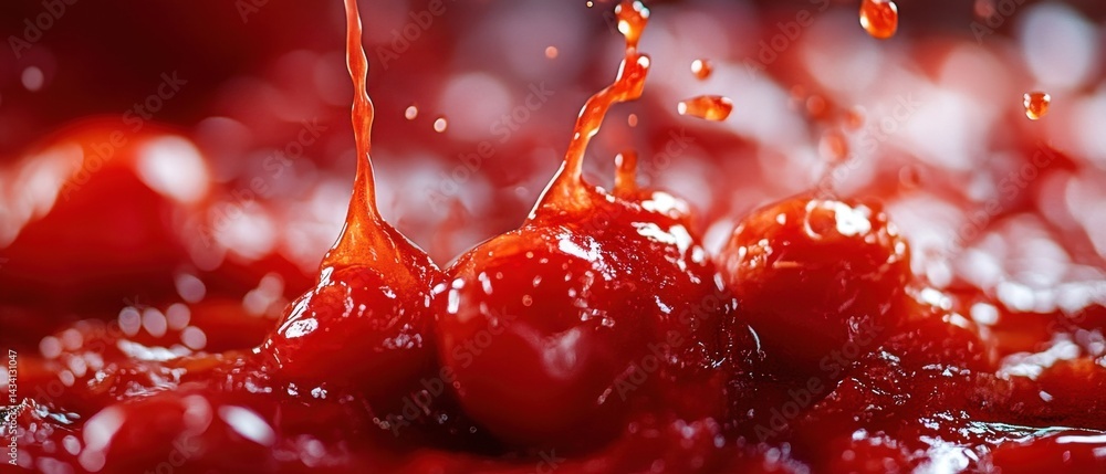 Poster vibrant close up of fresh tomato sauce with splashing droplets creating a dynamic and appetizing foo