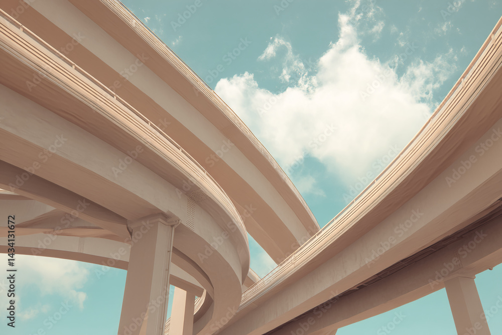 Poster Beige highway overpass curves against a pale blue sky with clouds, creating an abstract architectural image, showcasing modern infrastructure design