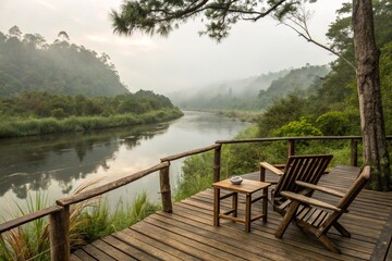 Rustic wooden deck overlooking a serene river scene - generated by ai