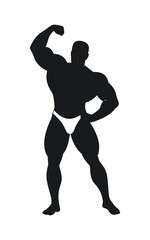 Silhouette Of Bodybuilder Flexing Arm Muscles In White Trunks Against A White Background