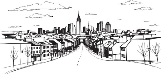 City landscape. Line urban backdrop. Skyline with clouds, different buildings on street, doodle street draw, outline cityscape hand sketch, flat houses. Hand drawn vector illustration