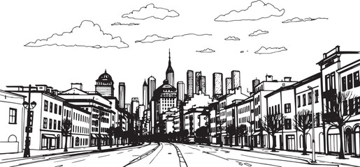 Obraz premium City landscape. Line urban backdrop. Skyline with clouds, different buildings on street, doodle street draw, outline cityscape hand sketch, flat houses. Hand drawn vector illustration