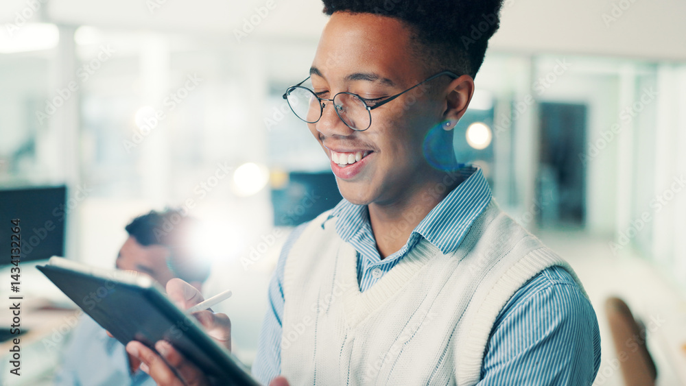 Poster Programmer, man and happy with tablet in office for writing code, software update and web development. Programming, employee and testing digital app with stylus for database integration and debugging