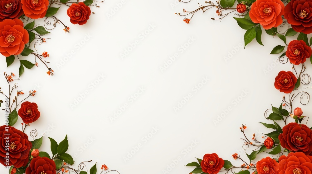 Aufkleber white background with red flowers and leaves. the flowers are arranged in a circle and are of differ