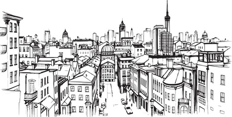 Obraz premium City landscape. Line urban backdrop. Skyline with clouds, different buildings on street, doodle street draw, outline cityscape hand sketch, flat houses. Hand drawn vector illustration