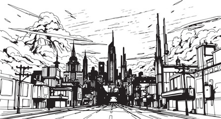 City landscape. Line urban backdrop. Skyline with clouds, different buildings on street, doodle street draw, outline cityscape hand sketch, flat houses. Hand drawn vector illustration