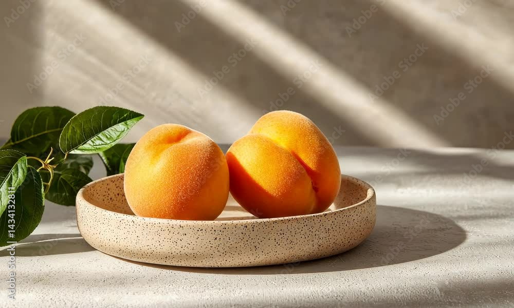 Poster sunlit oranges in rustic bowl with leaf shadows creating a dynamic visual play