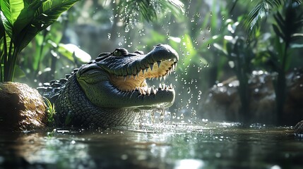 Crocodile emerging from water in a lush, green environment.