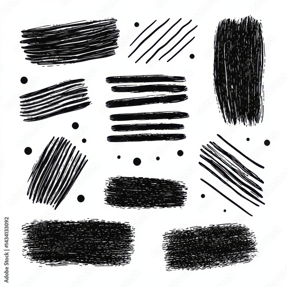 Poster a collection of bold black brush strokes and dots on a white background, showcasing artistic pattern