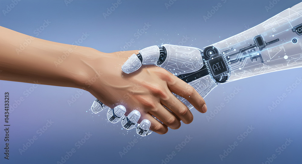 Poster human hand shaking large ai robotic hand. concept of human and technology interaction. artificial in