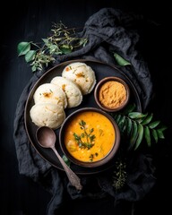 Delicious south indian idli sambar meal served on black plate with chutney and rustic spoon dark background food photography studio shot overhead view