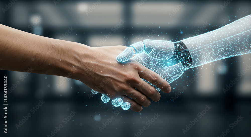 Poster man hand shaking a futuristic robot hand, symbolizing successful collaboration between human and art