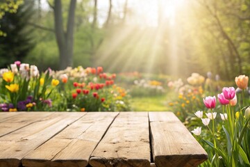 Fototapeta premium Wooden table against blurred spring garden backdrop. Colorful tulips flowers and bright sun rays, sunlight - generated by ai