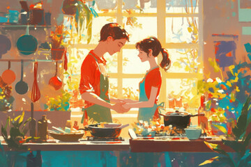 Couple happily cooking spaghetti together in a cozy kitchen, laughing and sharing a heartfelt moment amid scattered ingredients and a warm, inviting ambiance.