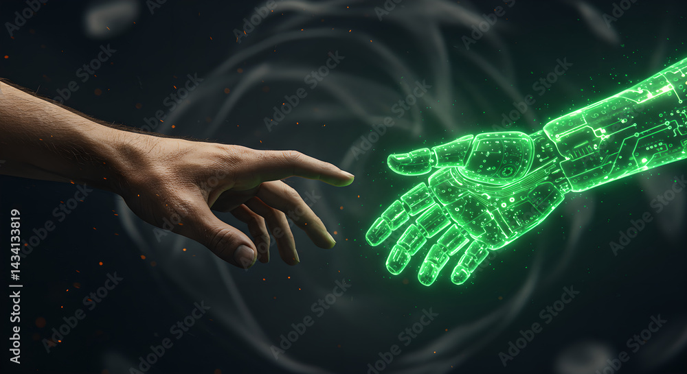 Poster man hand touching illuminated robotic hand. humanoid arm connection with artificial intelligence for