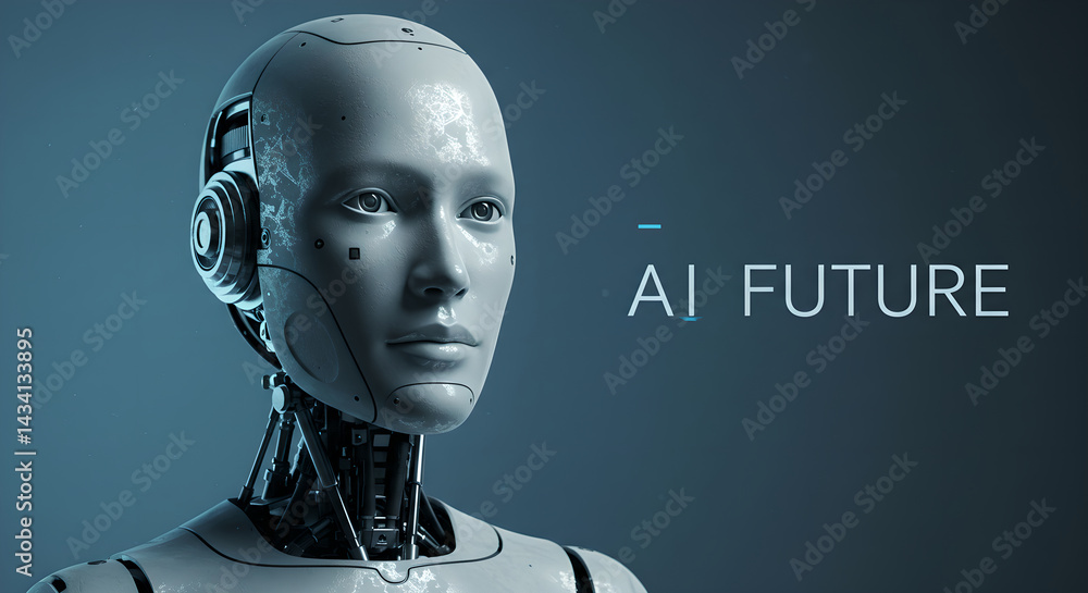 Poster humanoid robot close up. science fiction technology and artificial intelligence concept. modern futu