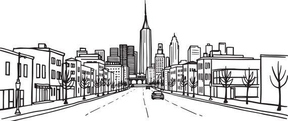 Fototapeta premium City landscape. Line urban backdrop. Skyline with clouds, different buildings on street, doodle street draw, outline cityscape hand sketch, flat houses. Hand drawn vector illustration