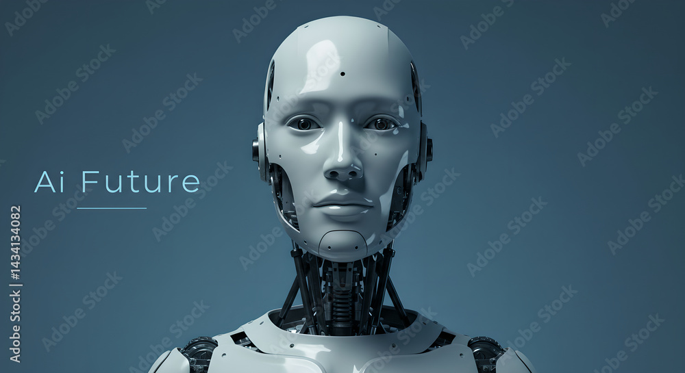 Poster realistic white robotic head facing forward with 